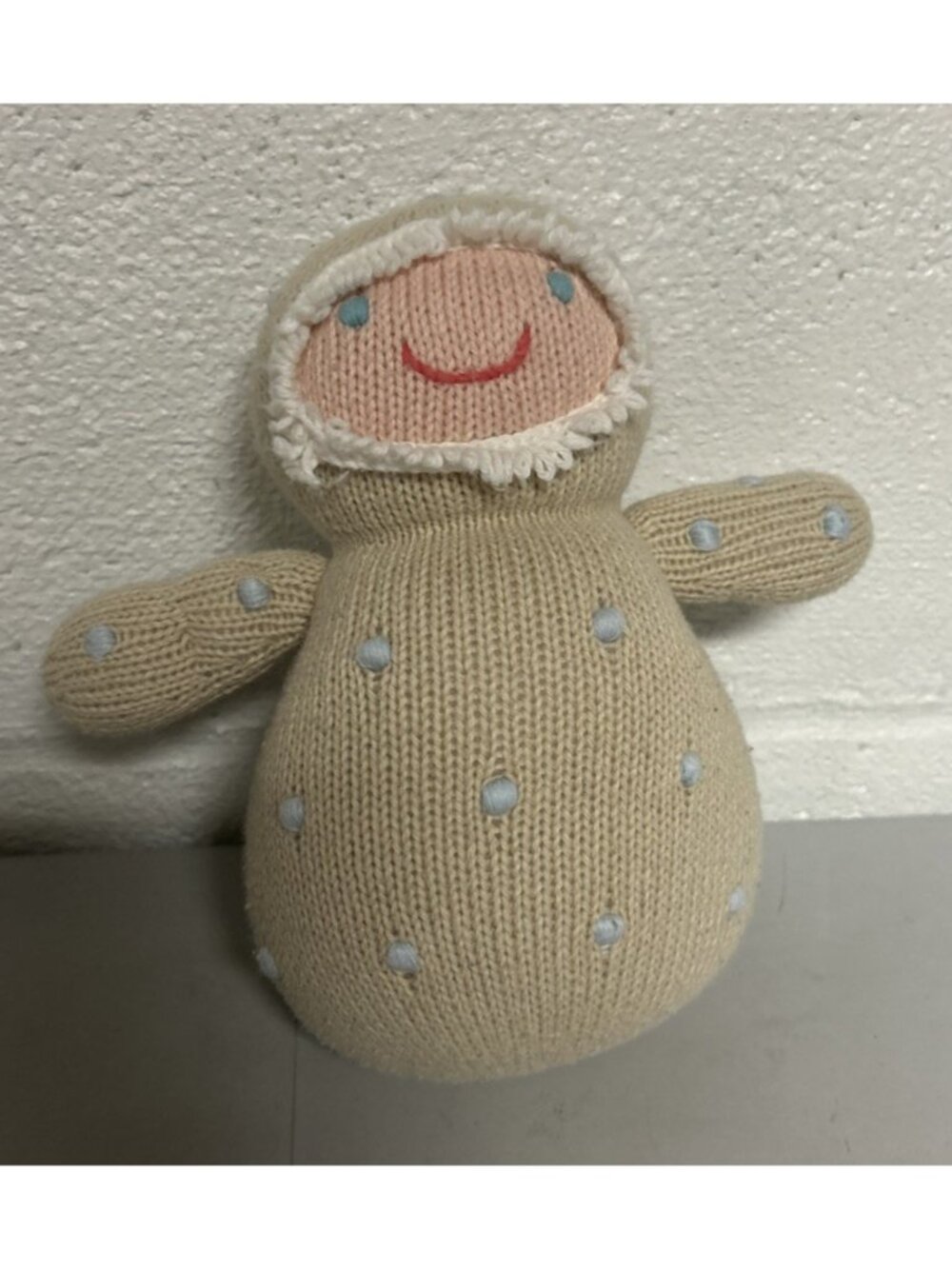 BlaBla Cotton Knit Doll Plush Baby Eskimo Yeti Tan Blue Spots Rare